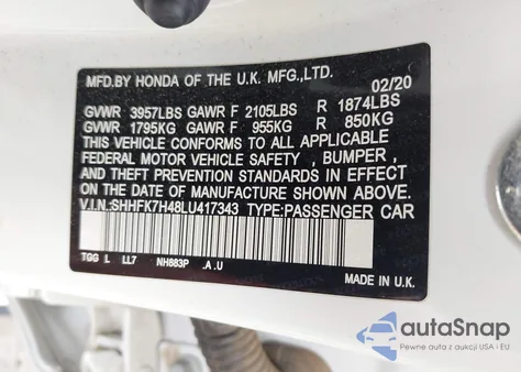 2020 Honda Civic Dx z USA, uszkodzony, nr VIN SHHSK7H48LU417343